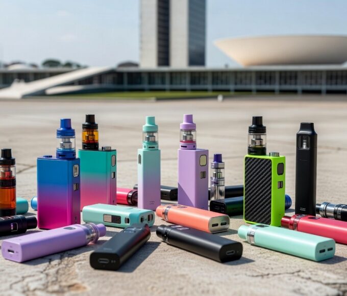 Praça em Brasília com cigarros eletrônicos no chão, ilustrando ranking de uso por jovens segundo IBGE.