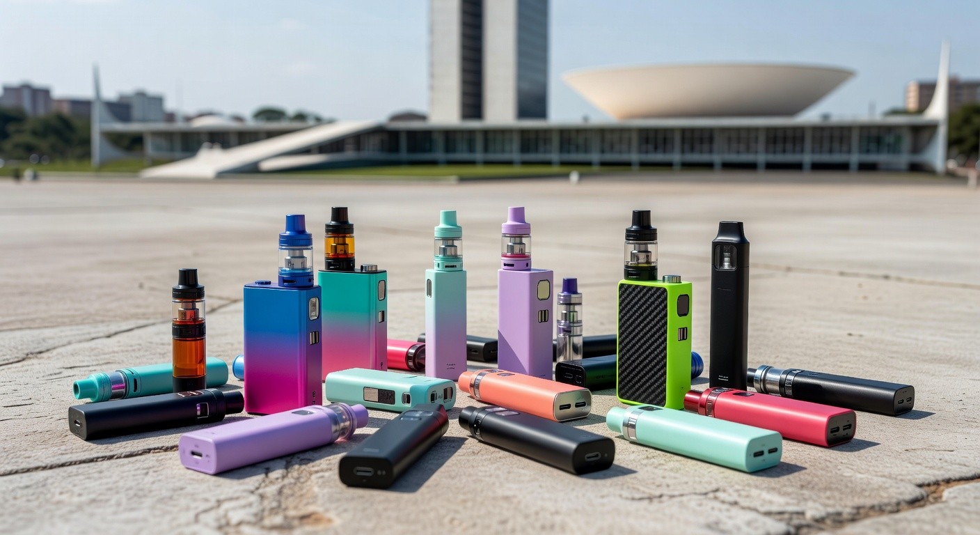 Praça em Brasília com cigarros eletrônicos no chão, ilustrando ranking de uso por jovens segundo IBGE.