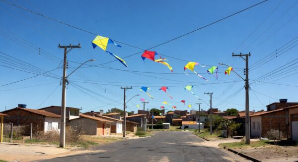 Postes de energia com pipas emaranhadas na rede elétrica no Paranoá, Brasília, durante suspensão de fornecimento.