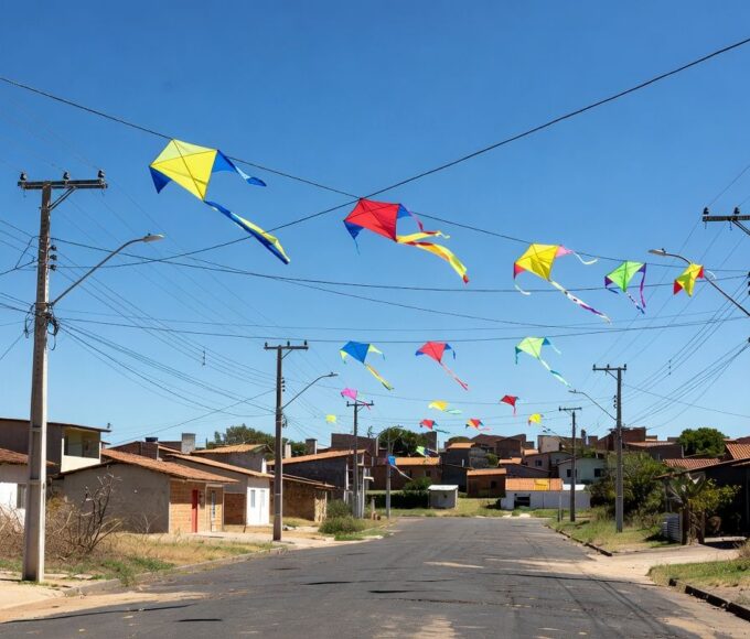 Postes de energia com pipas emaranhadas na rede elétrica no Paranoá, Brasília, durante suspensão de fornecimento.