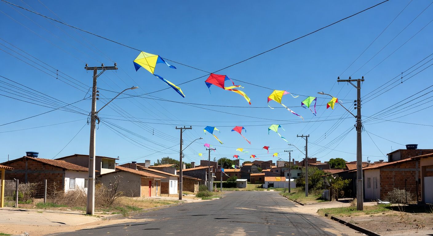 Postes de energia com pipas emaranhadas na rede elétrica no Paranoá, Brasília, durante suspensão de fornecimento.