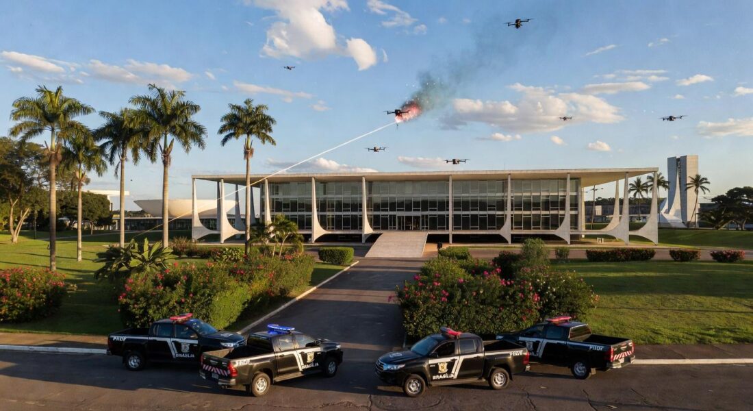 Viaturas da PMDF e drones derrubados sobre residência em Brasília, em estilo fotojornalístico.