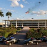 Viaturas da PMDF e drones derrubados sobre residência em Brasília, em estilo fotojornalístico.