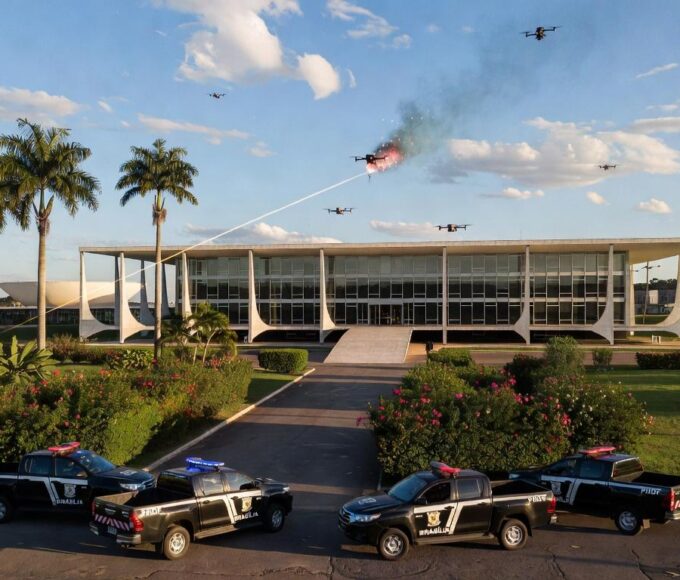 Viaturas da PMDF e drones derrubados sobre residência em Brasília, em estilo fotojornalístico.
