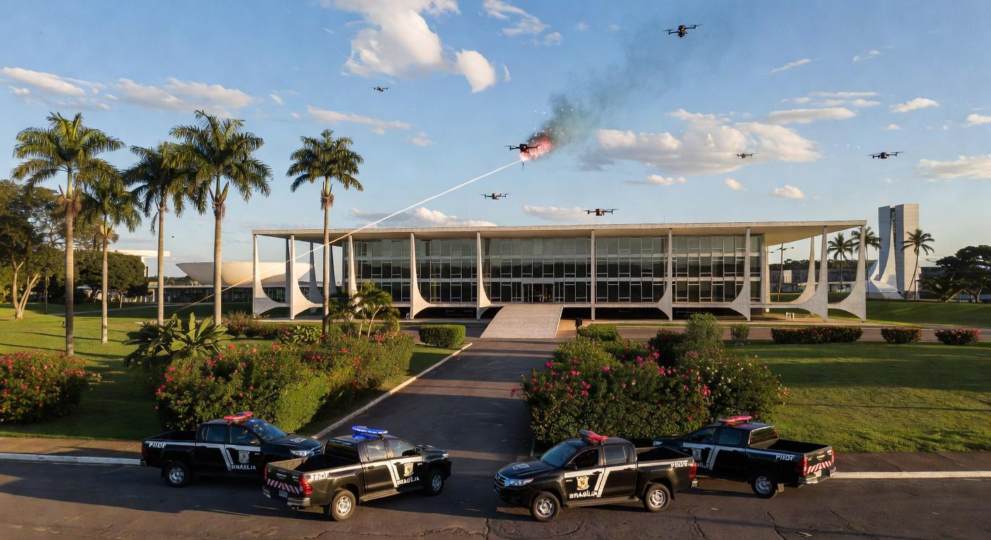 Viaturas da PMDF e drones derrubados sobre residência em Brasília, em estilo fotojornalístico.