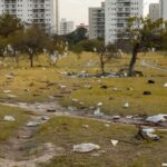 Área verde abandonada em Águas Claras, com grama seca, árvores murchas e lixo, expondo descaso com meio ambiente.