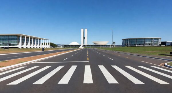 Faixa de pedestre em avenida de Brasília, celebrando redução de atropelamentos no DF.
