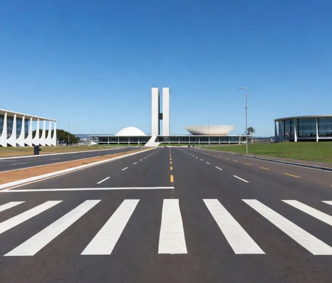 Faixa de pedestre em avenida de Brasília, celebrando redução de atropelamentos no DF.