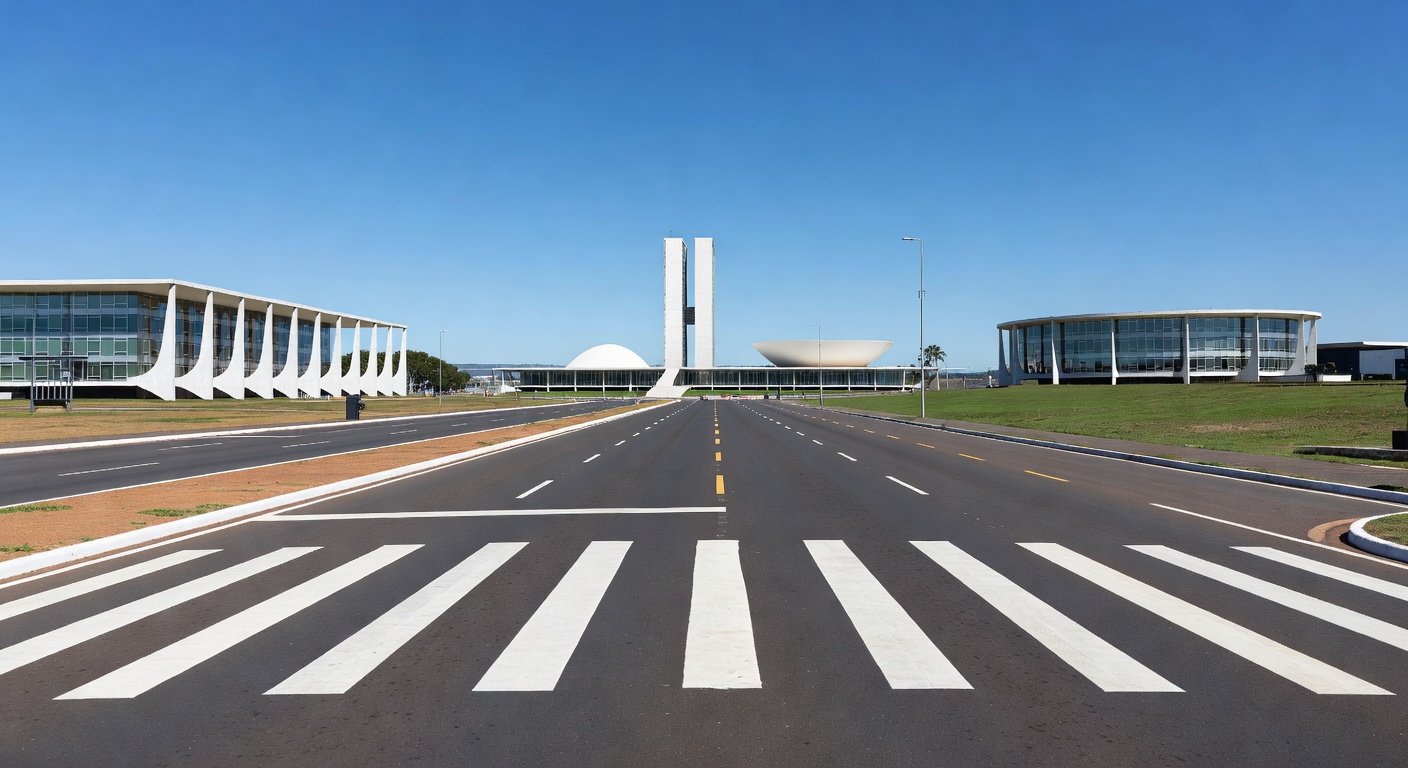 Faixa de pedestre em avenida de Brasília, celebrando redução de atropelamentos no DF.