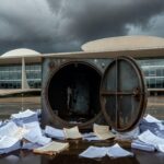 Edifício da Câmara Legislativa do DF sob céu nublado, com cofre vazio e documentos, representando crise fiscal.