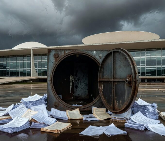 Edifício da Câmara Legislativa do DF sob céu nublado, com cofre vazio e documentos, representando crise fiscal.