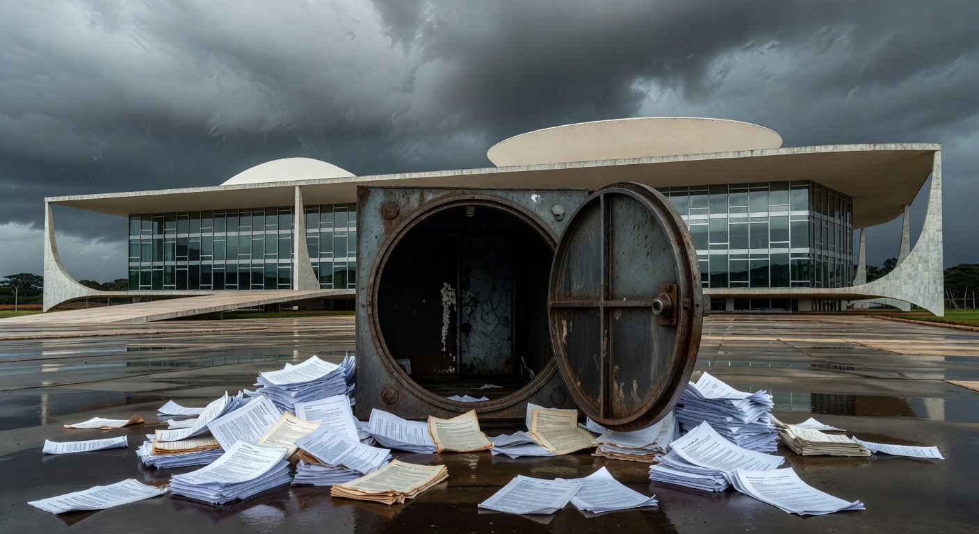 Edifício da Câmara Legislativa do DF sob céu nublado, com cofre vazio e documentos, representando crise fiscal.