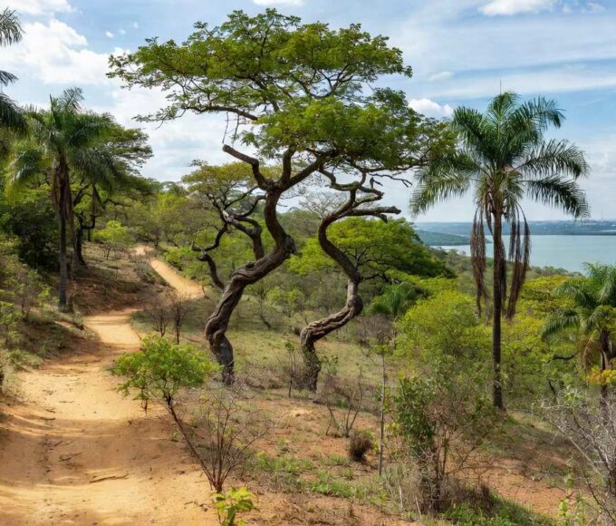 Paisagem da Serrinha do Paranoá transformada em parque ambiental em Brasília, com vegetação do Cerrado e vista para o Lago Paranoá.