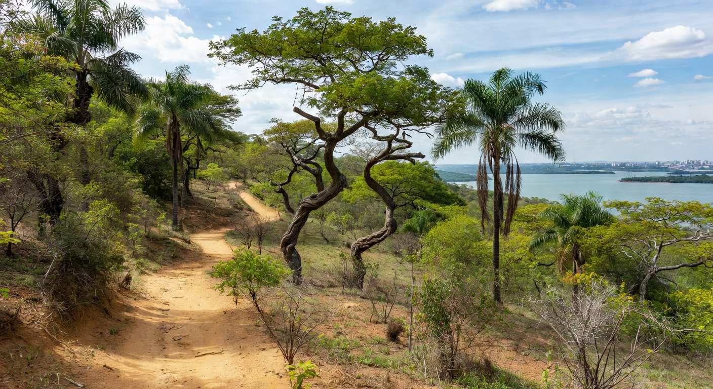 Paisagem da Serrinha do Paranoá transformada em parque ambiental em Brasília, com vegetação do Cerrado e vista para o Lago Paranoá.