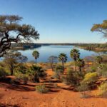 Paisagem ecológica preservada da Serrinha do Paranoá, em Brasília, com vegetação do Cerrado e Lago Paranoá ao fundo.