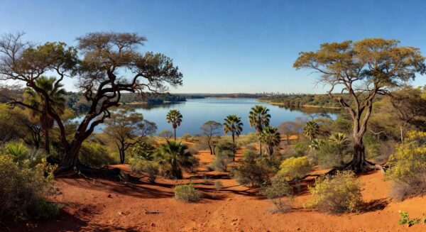 Paisagem ecológica preservada da Serrinha do Paranoá, em Brasília, com vegetação do Cerrado e Lago Paranoá ao fundo.