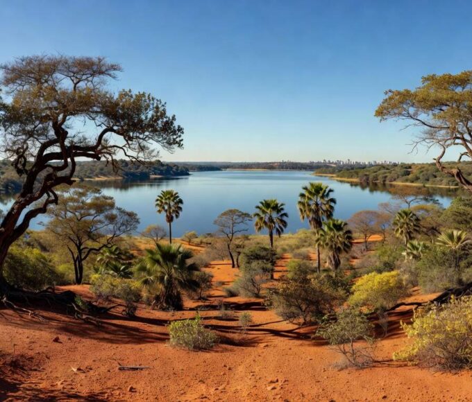 Paisagem ecológica preservada da Serrinha do Paranoá, em Brasília, com vegetação do Cerrado e Lago Paranoá ao fundo.