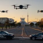 Drones da polícia sobrevoando Asa Norte em Brasília para combater crimes.