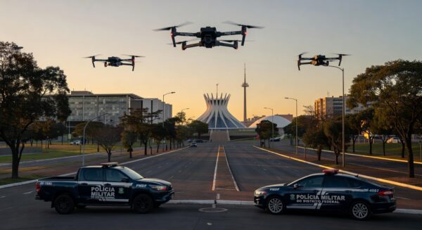 Drones da polícia sobrevoando Asa Norte em Brasília para combater crimes.