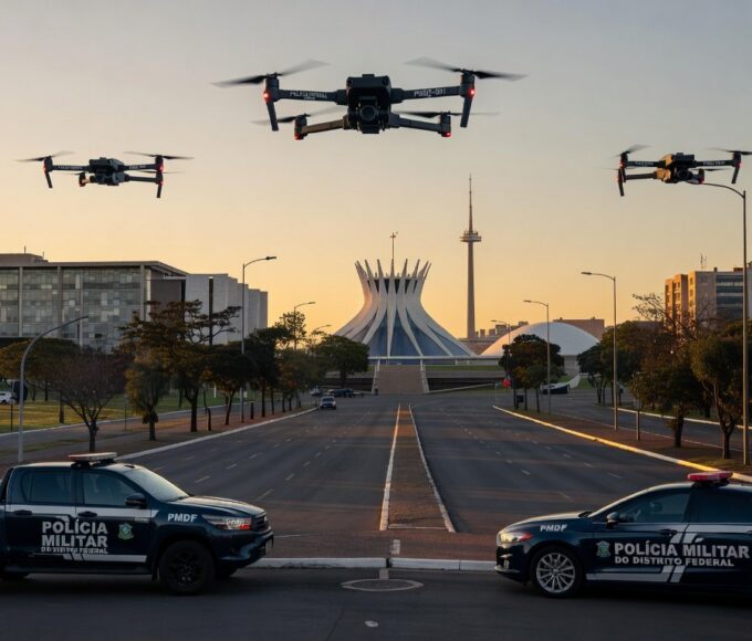 Drones da polícia sobrevoando Asa Norte em Brasília para combater crimes.