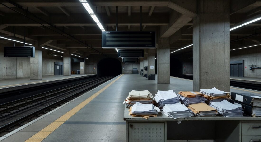 Estação de metrô em Brasília com plataformas vazias e estruturas em manutenção, representando falhas em aquisições no Metrô-DF.
