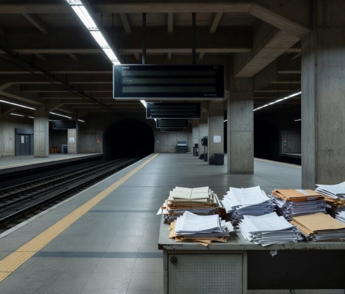 Estação de metrô em Brasília com plataformas vazias e estruturas em manutenção, representando falhas em aquisições no Metrô-DF.