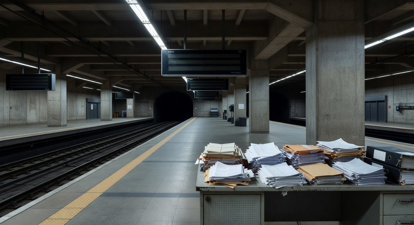 Estação de metrô em Brasília com plataformas vazias e estruturas em manutenção, representando falhas em aquisições no Metrô-DF.
