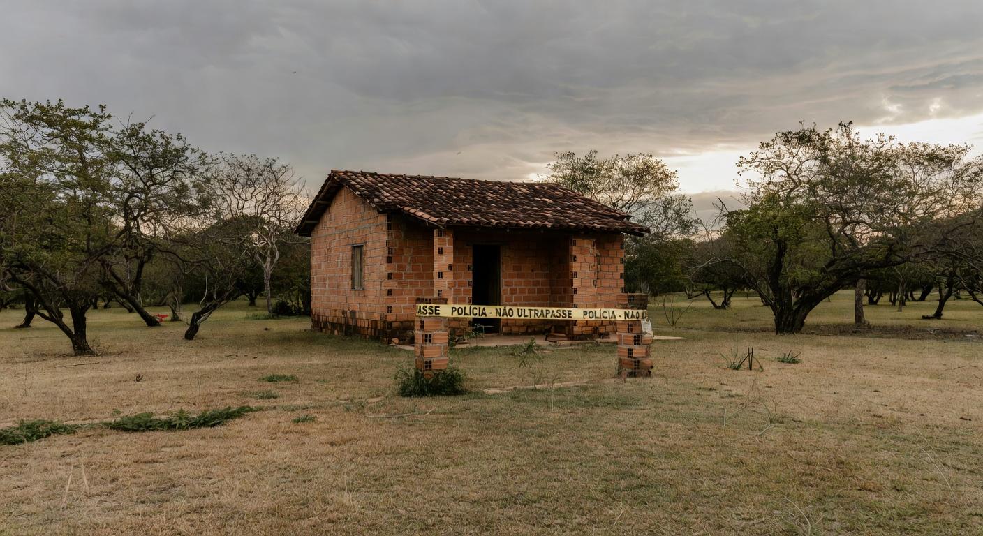 Cena de casa isolada por fita policial em Águas Lindas, Goiás, após tragédia familiar com mortes.