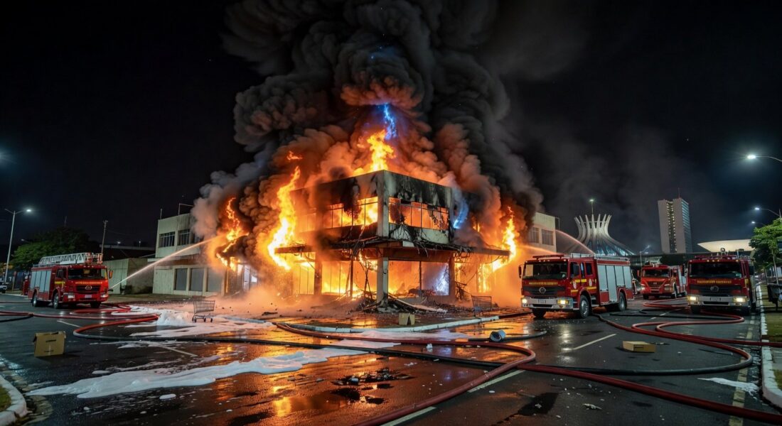Incêndio em loja de eletrônicos na W3 Norte, Brasília, com viaturas de bombeiros e indícios de resgate de animais.