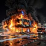 Incêndio em loja de eletrônicos na W3 Norte, Brasília, com viaturas de bombeiros e indícios de resgate de animais.