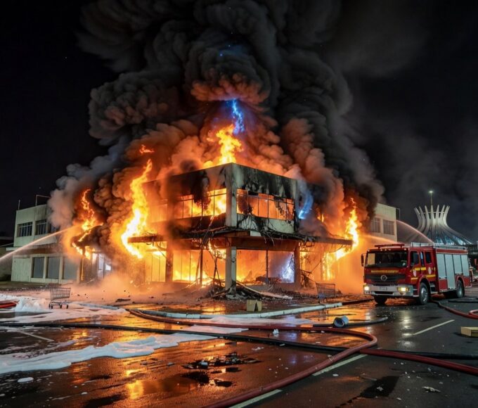 Incêndio em loja de eletrônicos na W3 Norte, Brasília, com viaturas de bombeiros e indícios de resgate de animais.