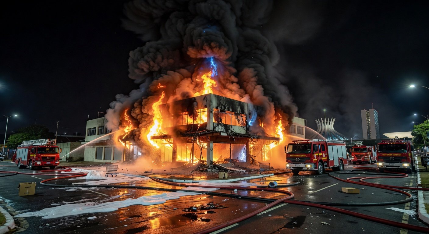 Incêndio em loja de eletrônicos na W3 Norte, Brasília, com viaturas de bombeiros e indícios de resgate de animais.