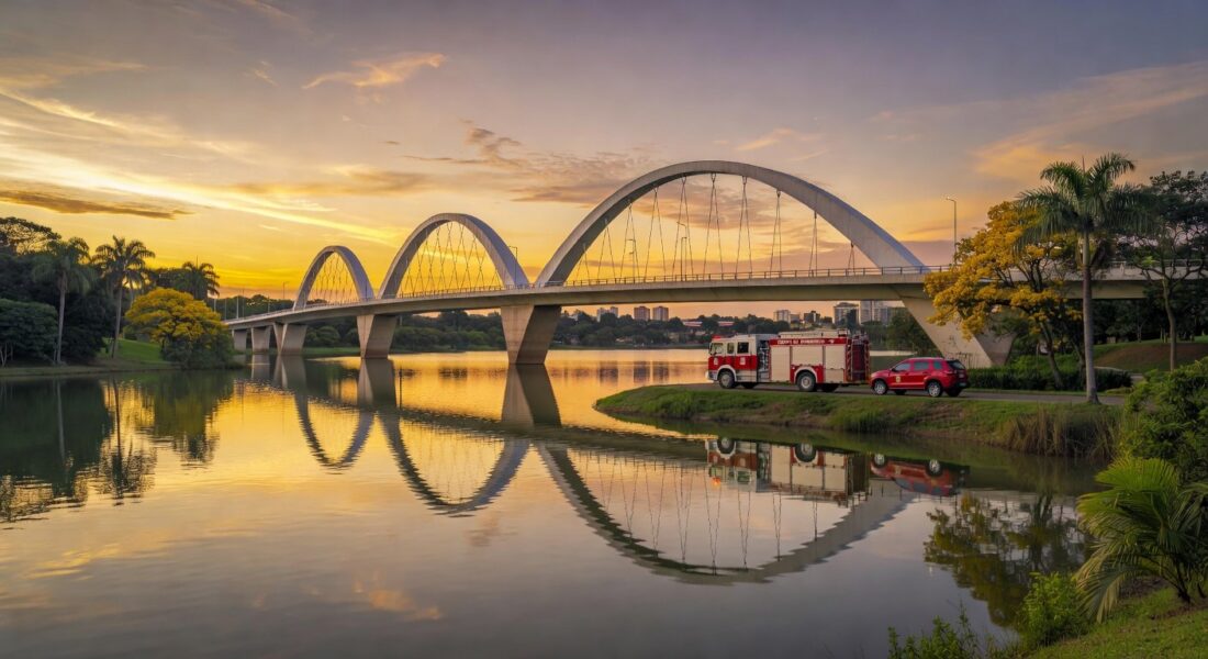 Ponte JK em Brasília sobre o Lago Paranoá com veículos de bombeiros, em estilo fotojornalístico.