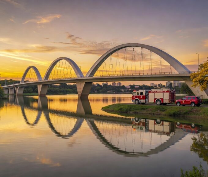 Ponte JK em Brasília sobre o Lago Paranoá com veículos de bombeiros, em estilo fotojornalístico.