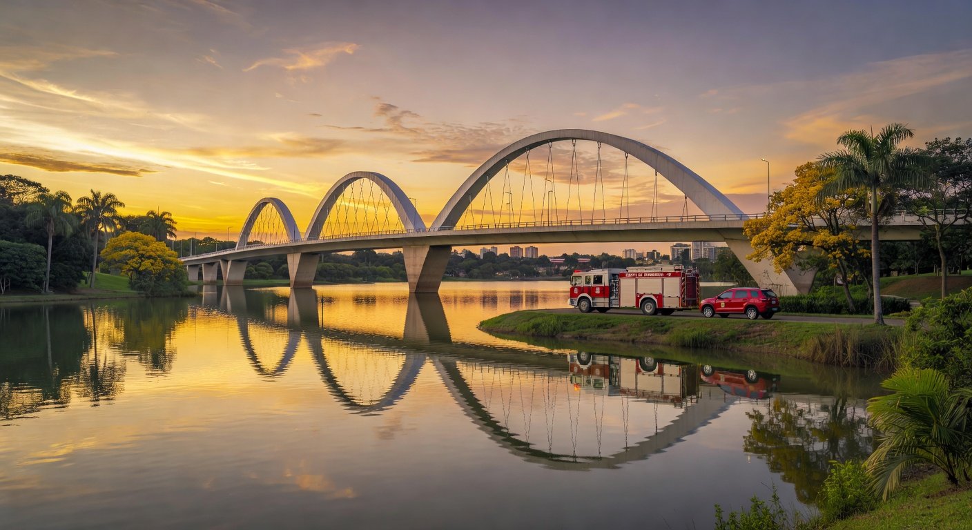 Ponte JK em Brasília sobre o Lago Paranoá com veículos de bombeiros, em estilo fotojornalístico.