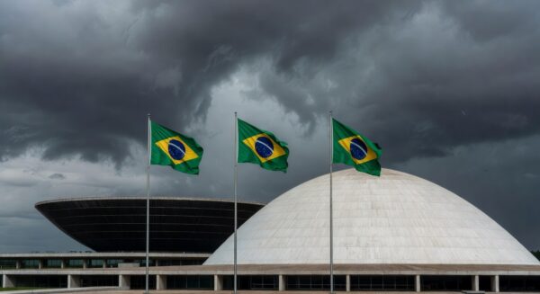Vista do Congresso Nacional em Brasília com currículos abandonados, representando falhas no mercado de trabalho para idosos no DF.