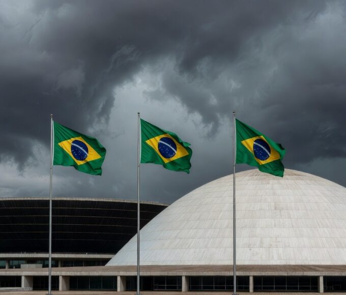 Vista do Congresso Nacional em Brasília com currículos abandonados, representando falhas no mercado de trabalho para idosos no DF.