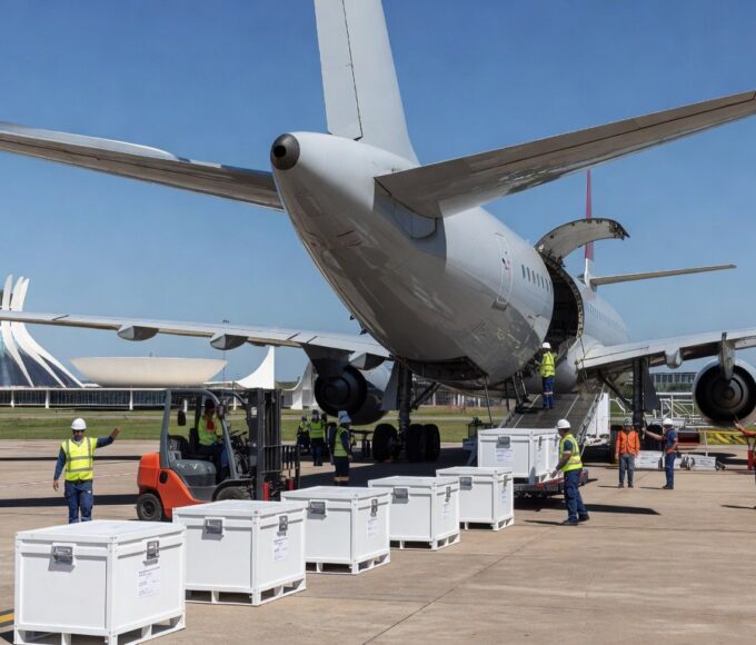 Caixas de vacinas contra Covid-19 chegando ao Distrito Federal do Ministério da Saúde, em Brasília.