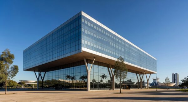 Edifício de banco em Brasília representando negociação de ativos entre fundo de investimento, Banco Master e BRB por R$ 15 bilhões.