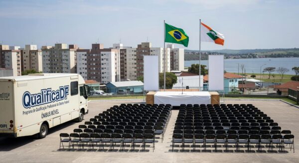 Ônibus do QualificaDF Móvel em praça de Paranoá durante formatura de alunos, com bandeiras e palco vazio.