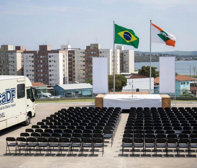 Ônibus do QualificaDF Móvel em praça de Paranoá durante formatura de alunos, com bandeiras e palco vazio.