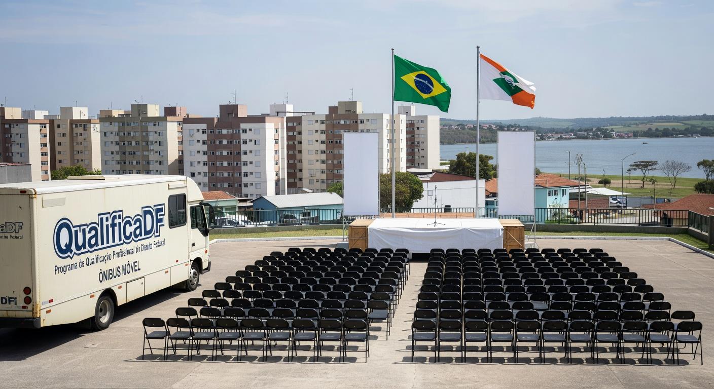Ônibus do QualificaDF Móvel em praça de Paranoá durante formatura de alunos, com bandeiras e palco vazio.