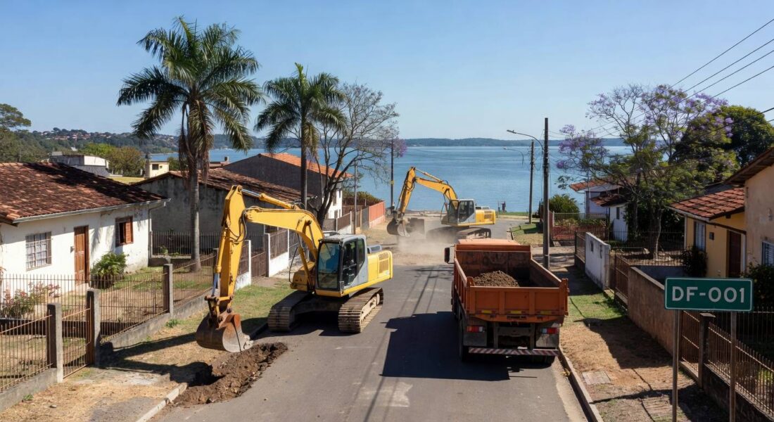Obras de infraestrutura no Paranoá, com equipamentos de construção em rua residencial e Lago Paranoá ao fundo.