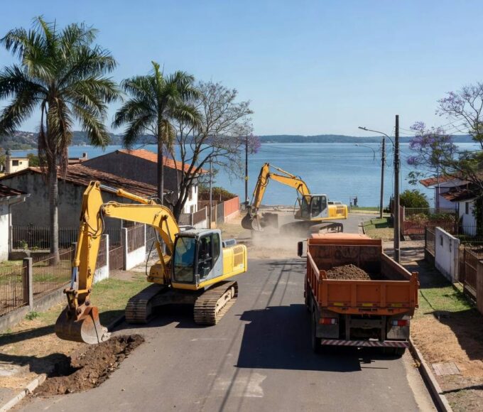 Obras de infraestrutura no Paranoá, com equipamentos de construção em rua residencial e Lago Paranoá ao fundo.