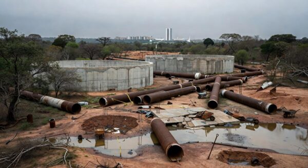 Reservatório de água vazio com obras no Distrito Federal, destacando escassez e racionamento na região norte.