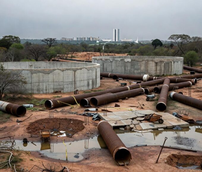 Reservatório de água vazio com obras no Distrito Federal, destacando escassez e racionamento na região norte.