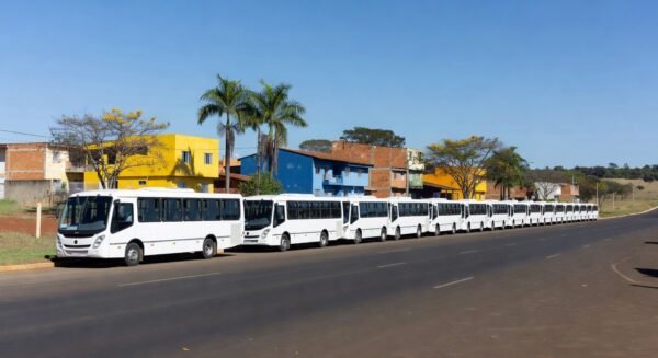Mini-ônibus estacionados em rua do Paranoá, ampliando transporte público no Paranoá e Itapoã.