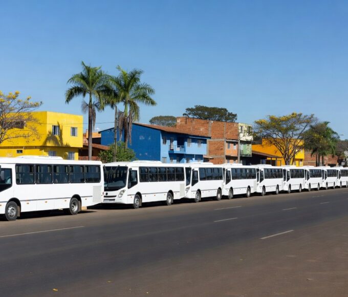 Mini-ônibus estacionados em rua do Paranoá, ampliando transporte público no Paranoá e Itapoã.