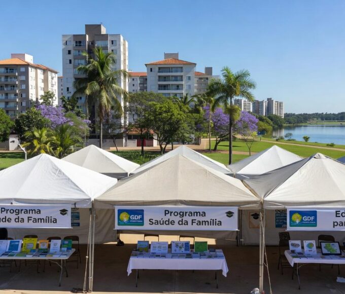 Evento de encerramento do GDF na Sua Porta no Paranoá, com tendas e banners de serviços essenciais para a comunidade.