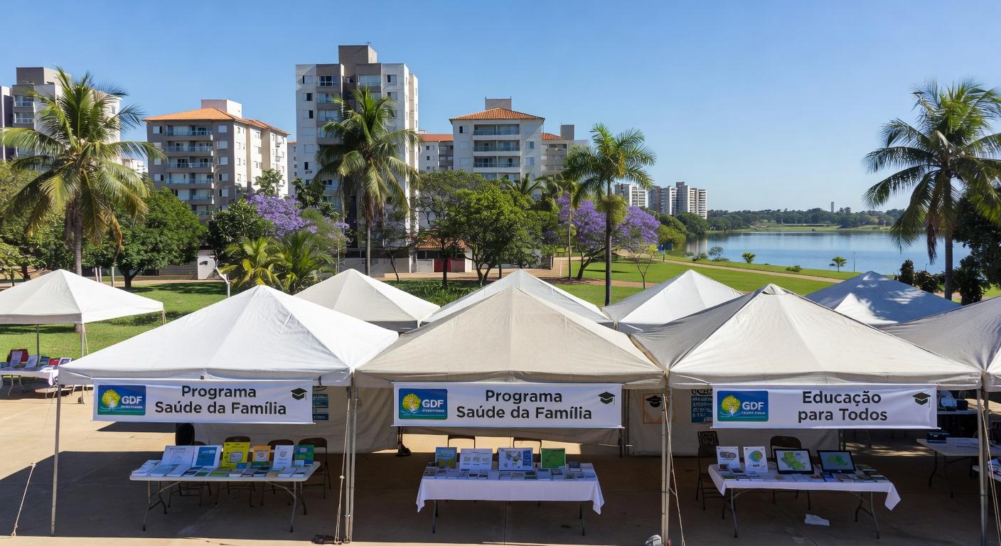 Evento de encerramento do GDF na Sua Porta no Paranoá, com tendas e banners de serviços essenciais para a comunidade.